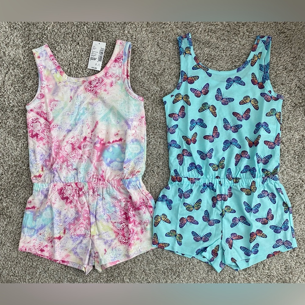 Girls Pink Tie Dye and Blue Rompers Set of Two size 4 XS NWT $34 MSRP